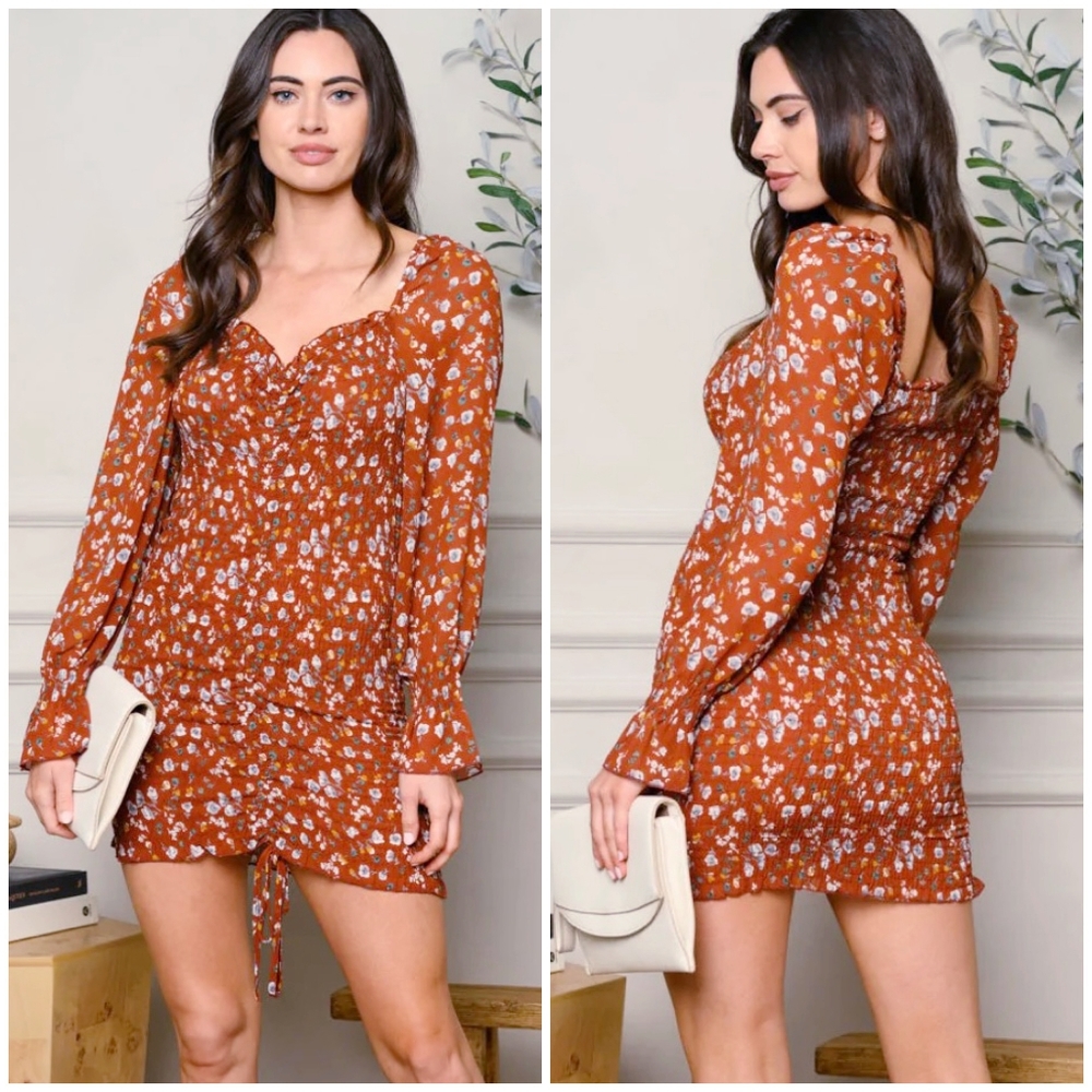 PAPERMOON Stitch Fix Dark Rust Floral Ruched Long Sleeves Dress - Picture 2 of 9